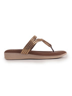 Women Brown T-Strap Slip On Ethnic Sandals with Rhinestone Strap|Wedge Ortho Slip-On Slippers|Perfect for Wedding, Festive Outfits
