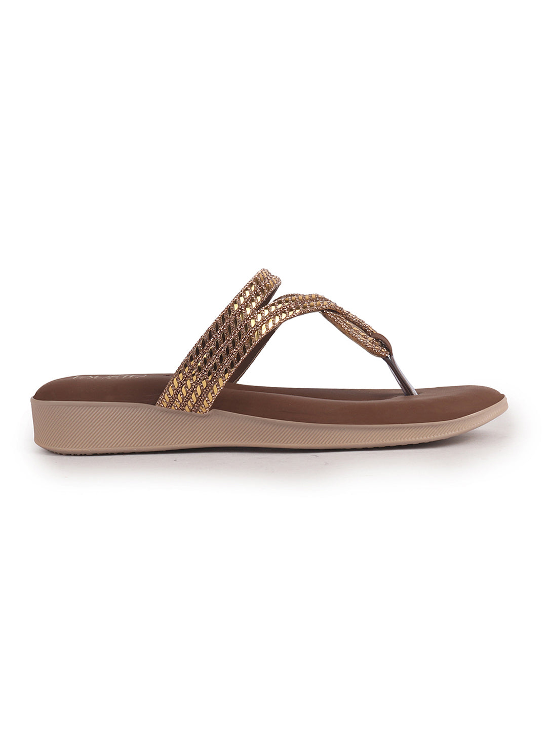 Women Brown T-Strap Slip On Ethnic Sandals with Rhinestone Strap|Wedge Ortho Slip-On Slippers|Perfect for Wedding, Festive Outfits