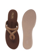 Women Brown T-Strap Slip On Ethnic Sandals with Rhinestone Strap|Wedge Ortho Slip-On Slippers|Perfect for Wedding, Festive Outfits