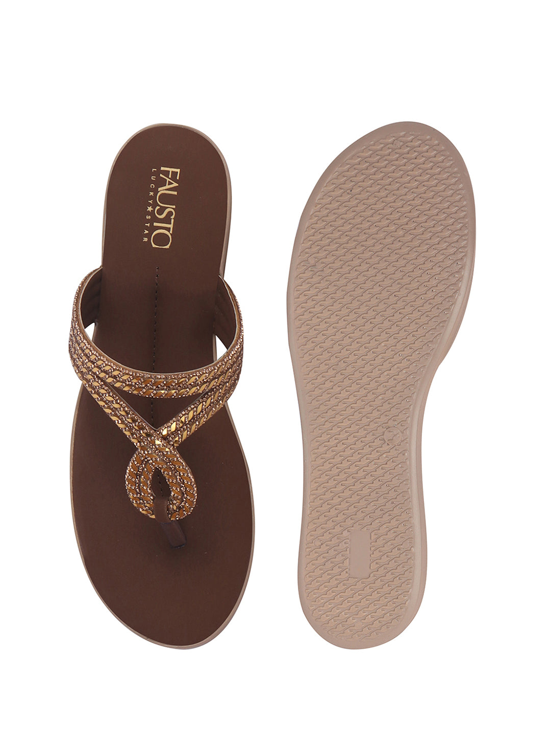 Women Brown T-Strap Slip On Ethnic Sandals with Rhinestone Strap|Wedge Ortho Slip-On Slippers|Perfect for Wedding, Festive Outfits