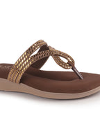 Women Brown T-Strap Slip On Ethnic Sandals with Rhinestone Strap|Wedge Ortho Slip-On Slippers|Perfect for Wedding, Festive Outfits