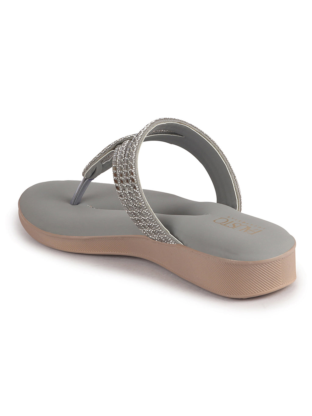 Women Grey T-Strap Slip On Ethnic Sandals with Rhinestone Strap|Wedge Ortho Slip-On Slippers|Perfect for Wedding, Festive Outfits