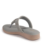 Women Grey T-Strap Slip On Ethnic Sandals with Rhinestone Strap|Wedge Ortho Slip-On Slippers|Perfect for Wedding, Festive Outfits
