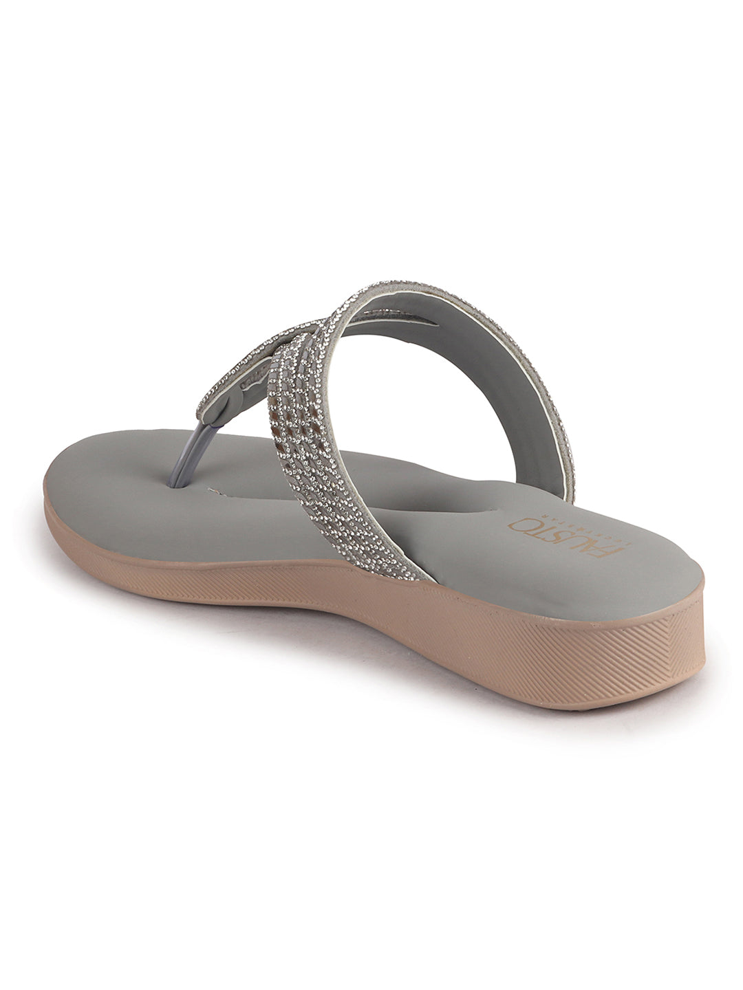 Women Grey T-Strap Slip On Ethnic Sandals with Rhinestone Strap|Wedge Ortho Slip-On Slippers|Perfect for Wedding, Festive Outfits
