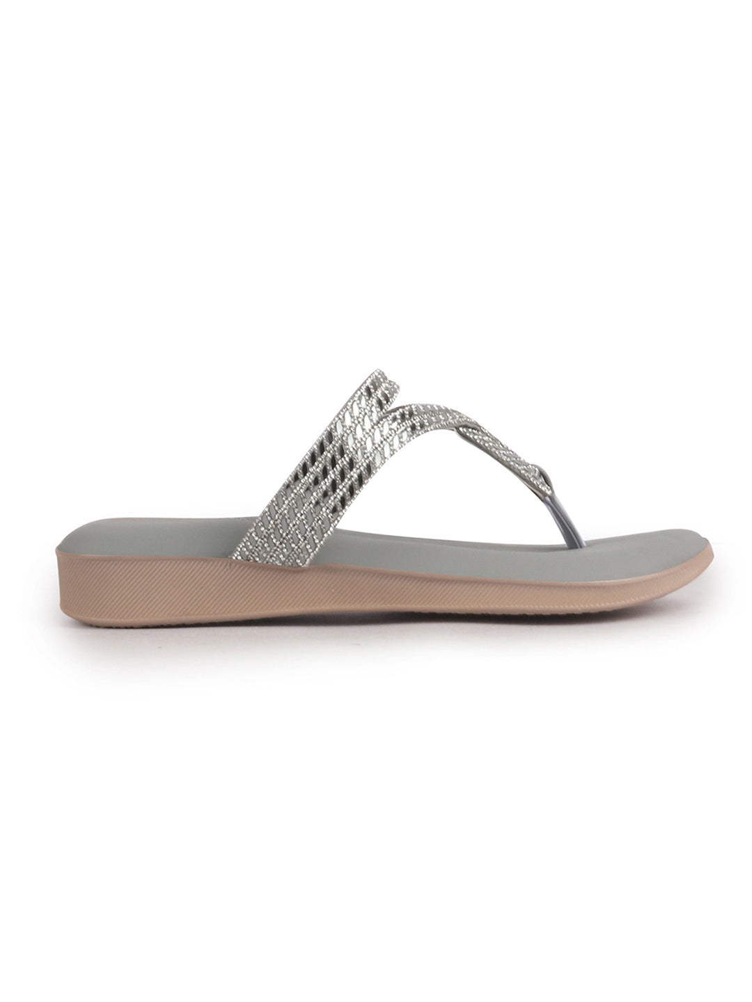 Women Grey T-Strap Slip On Ethnic Sandals with Rhinestone Strap|Wedge Ortho Slip-On Slippers|Perfect for Wedding, Festive Outfits