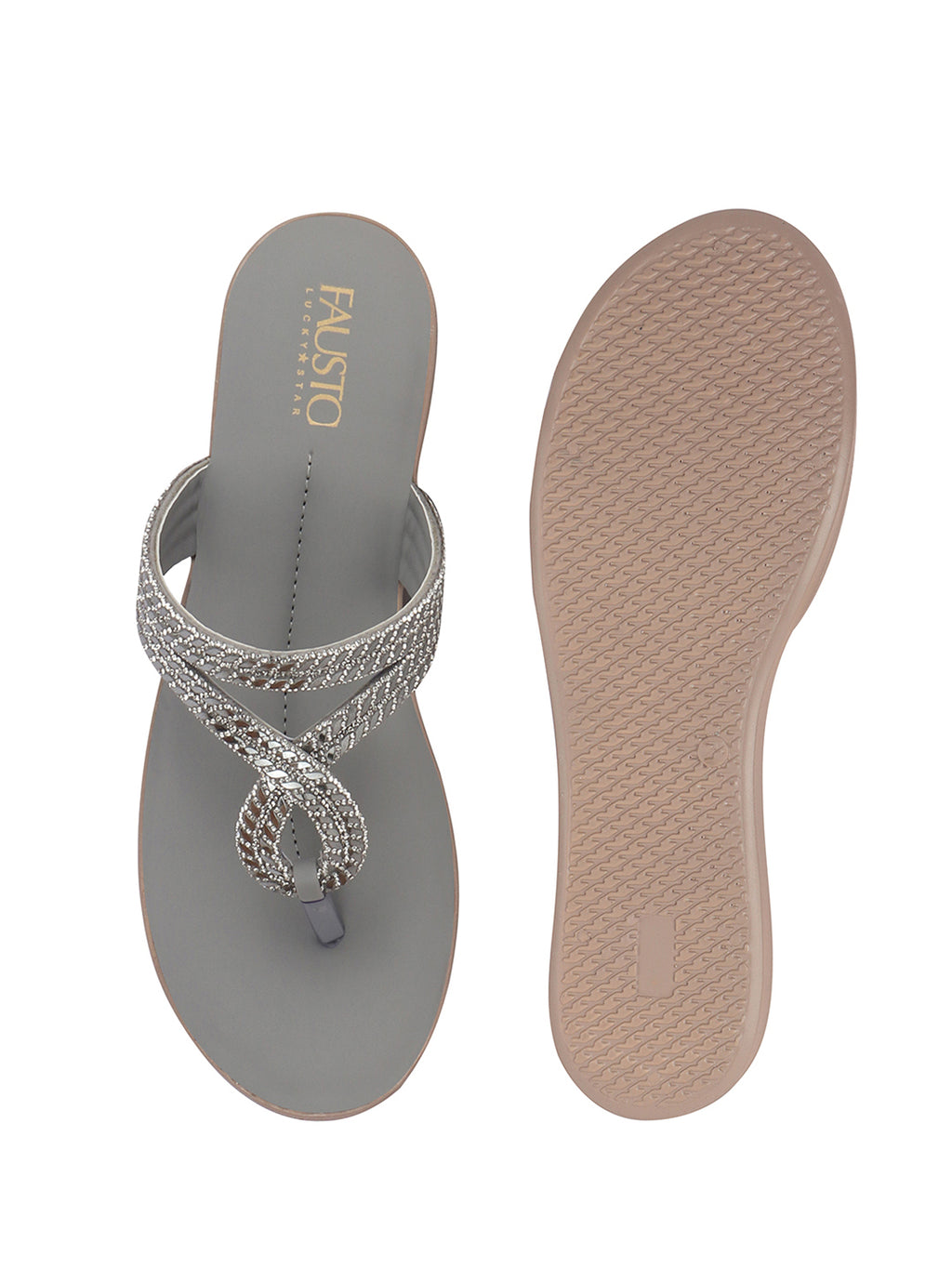 Women Grey T-Strap Slip On Ethnic Sandals with Rhinestone Strap|Wedge Ortho Slip-On Slippers|Perfect for Wedding, Festive Outfits