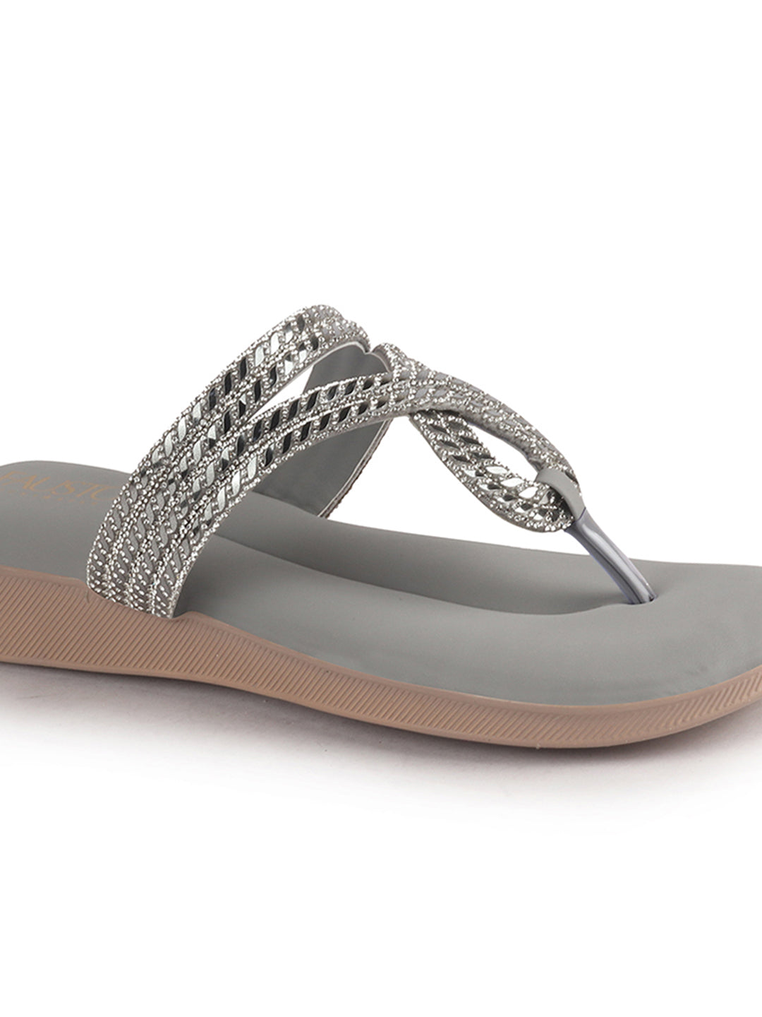 Women Grey T-Strap Slip On Ethnic Sandals with Rhinestone Strap|Wedge Ortho Slip-On Slippers|Perfect for Wedding, Festive Outfits