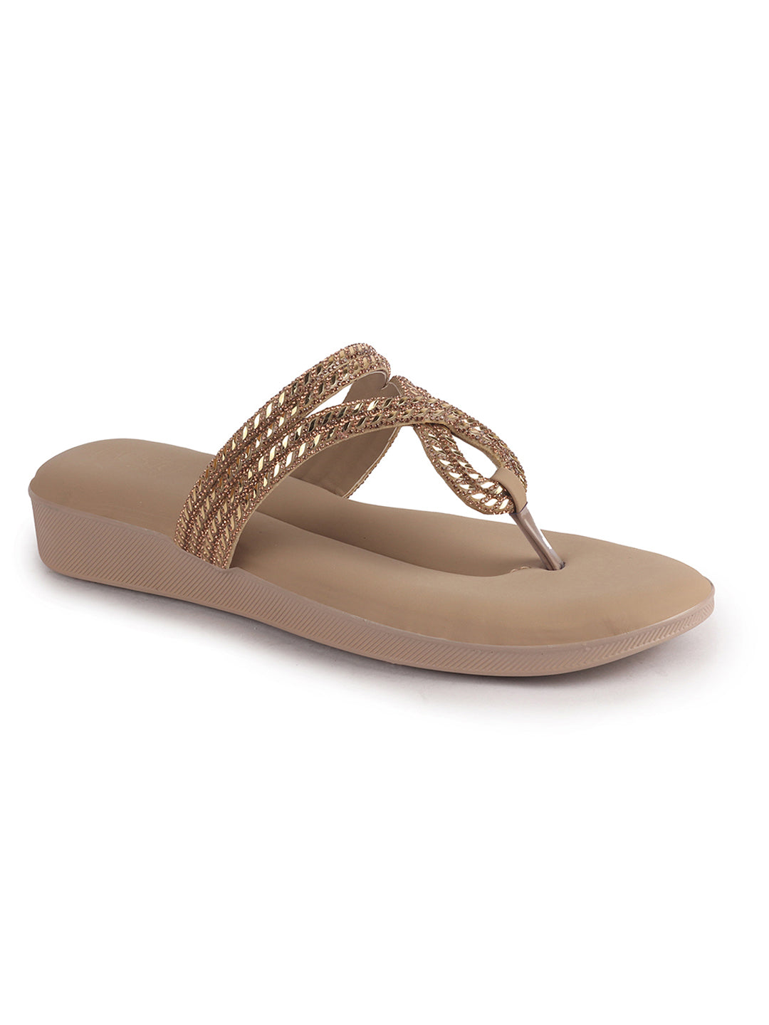 Women Khaki T-Strap Slip On Ethnic Sandals with Rhinestone Strap|Wedge Ortho Slip-On Slippers|Perfect for Wedding, Festive Outfits