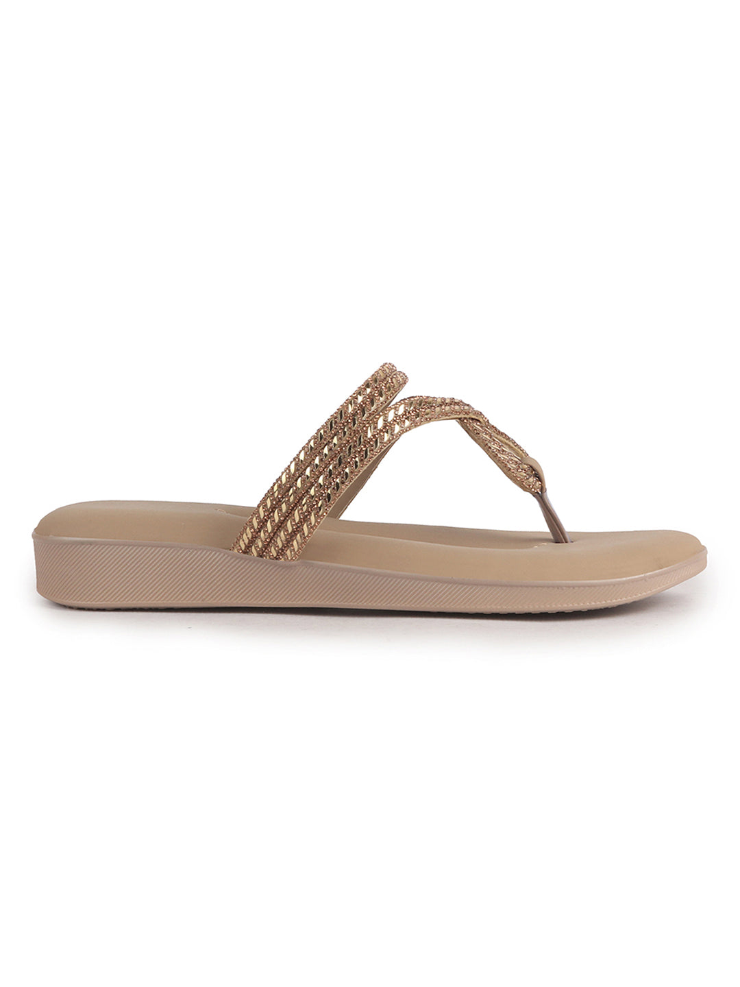 Women Khaki T-Strap Slip On Ethnic Sandals with Rhinestone Strap|Wedge Ortho Slip-On Slippers|Perfect for Wedding, Festive Outfits