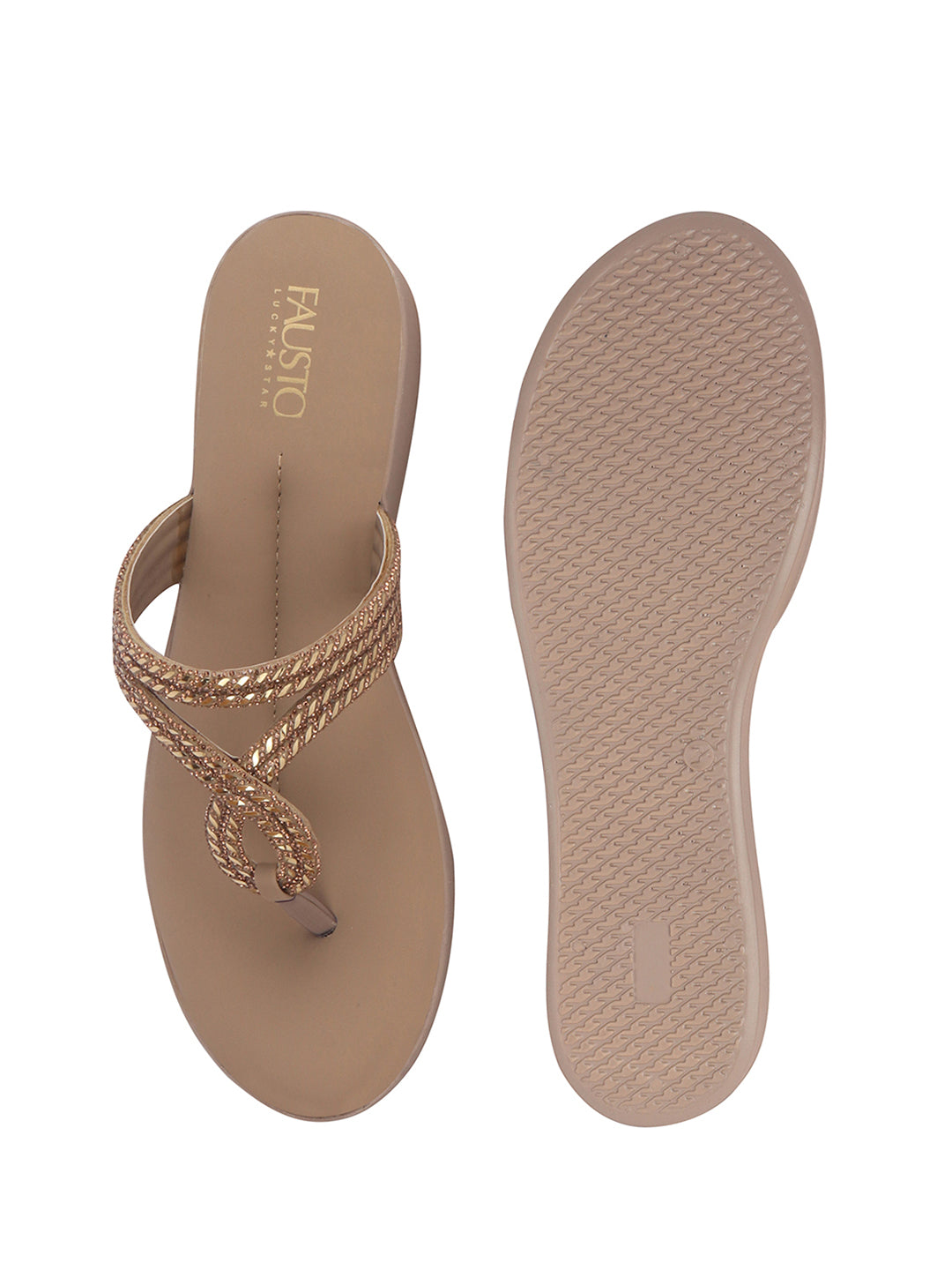 Women Khaki T-Strap Slip On Ethnic Sandals with Rhinestone Strap|Wedge Ortho Slip-On Slippers|Perfect for Wedding, Festive Outfits