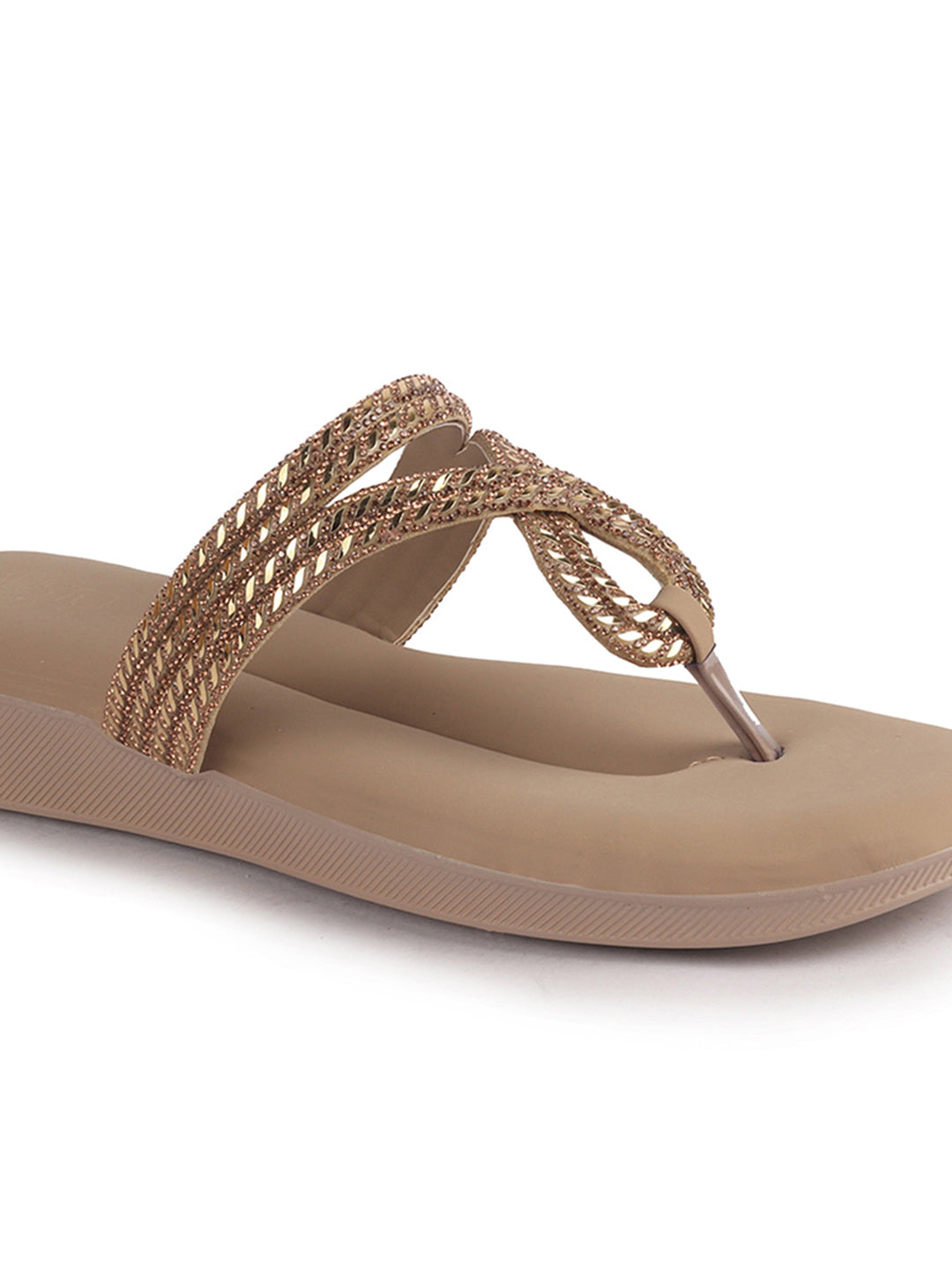 Women Khaki T-Strap Slip On Ethnic Sandals with Rhinestone Strap|Wedge Ortho Slip-On Slippers|Perfect for Wedding, Festive Outfits