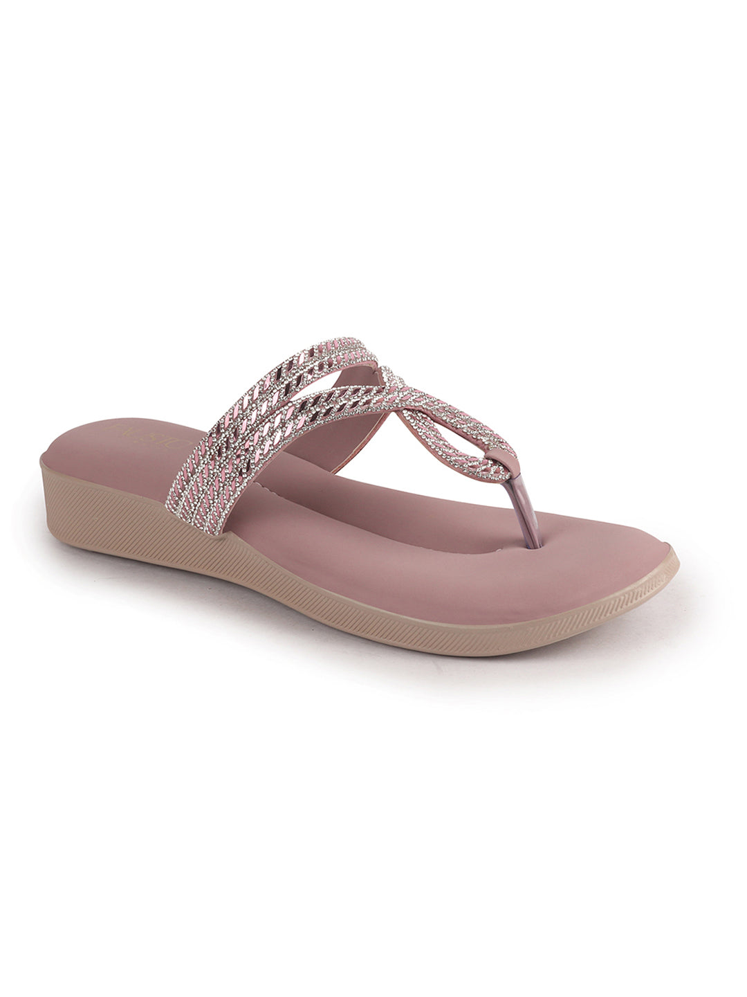 Women Lavender T-Strap Slip On Ethnic Sandals with Rhinestone Strap|Wedge Ortho Slip-On Slippers|Perfect for Wedding, Festive Outfits