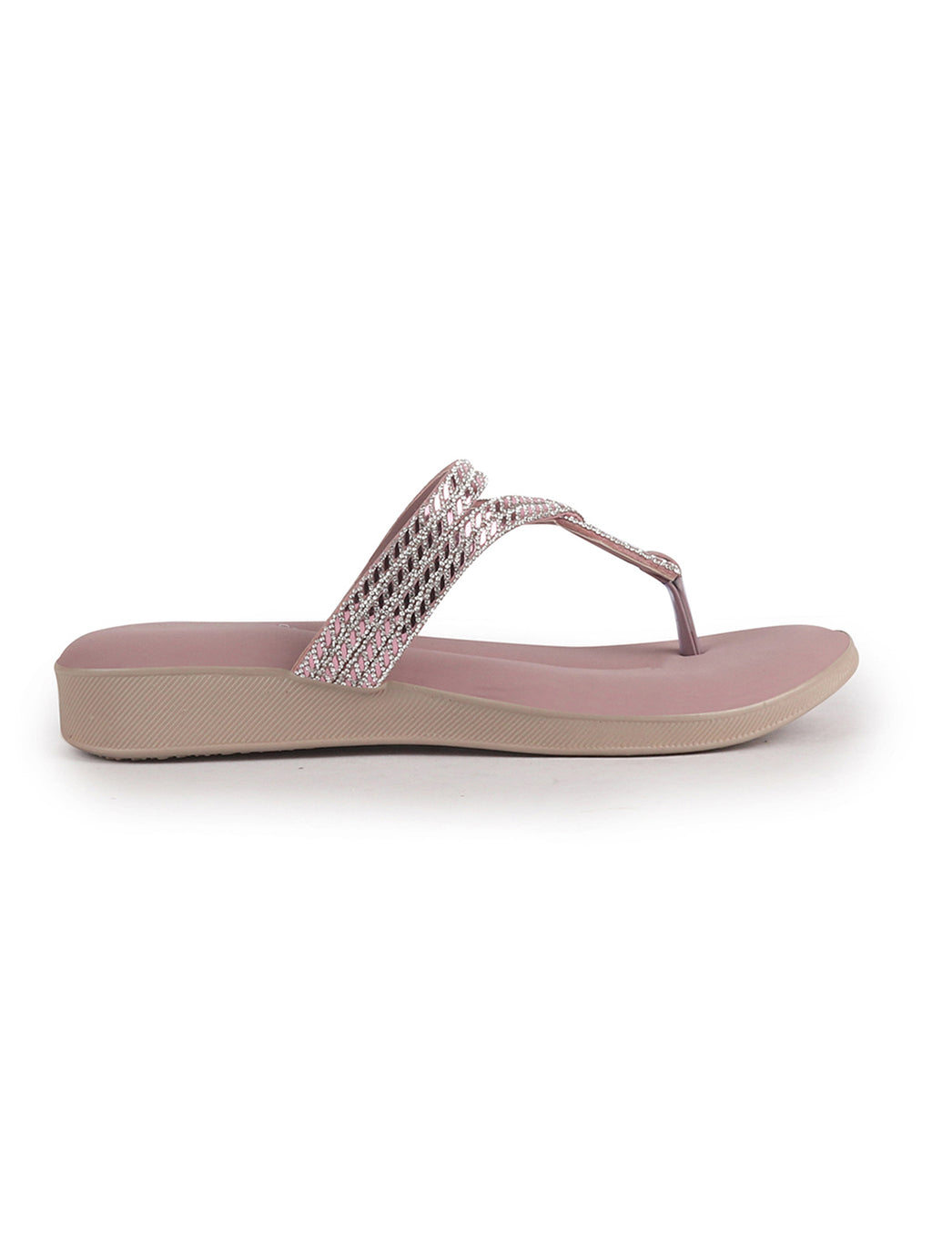 Women Lavender T-Strap Slip On Ethnic Sandals with Rhinestone Strap|Wedge Ortho Slip-On Slippers|Perfect for Wedding, Festive Outfits