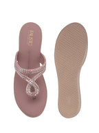 Women Lavender T-Strap Slip On Ethnic Sandals with Rhinestone Strap|Wedge Ortho Slip-On Slippers|Perfect for Wedding, Festive Outfits