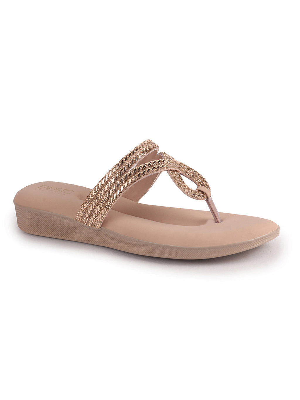 Women Pink T-Strap Slip On Ethnic Sandals with Rhinestone Strap|Wedge Ortho Slip-On Slippers|Perfect for Wedding, Festive Outfits
