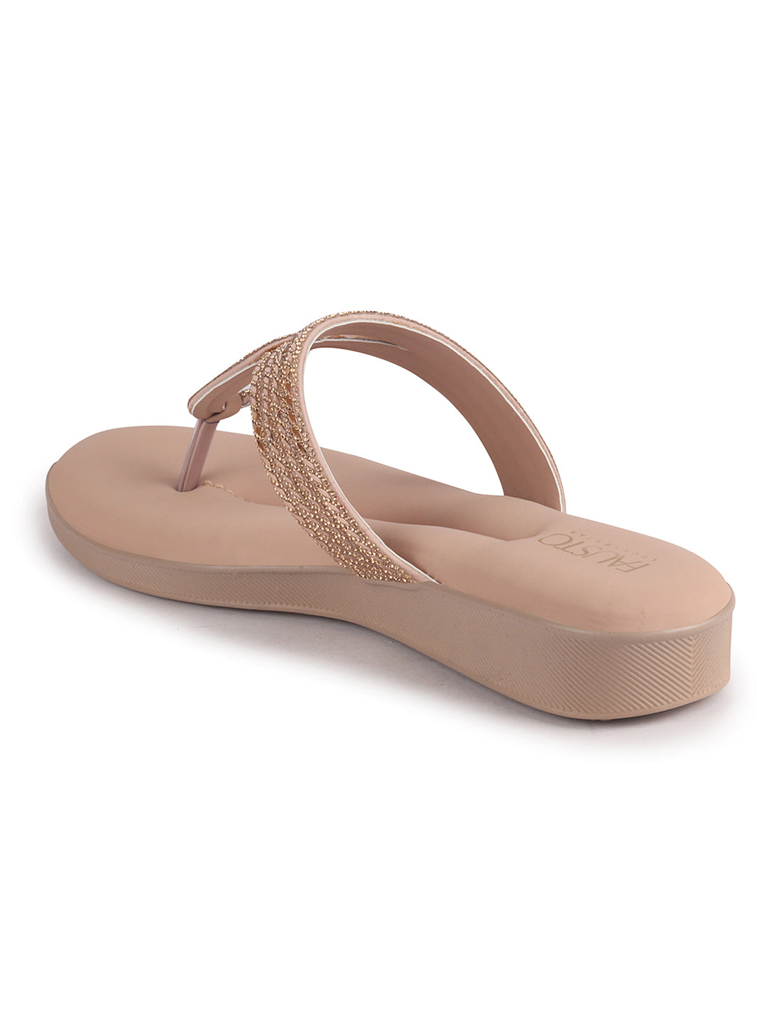 Women Pink T-Strap Slip On Ethnic Sandals with Rhinestone Strap|Wedge Ortho Slip-On Slippers|Perfect for Wedding, Festive Outfits