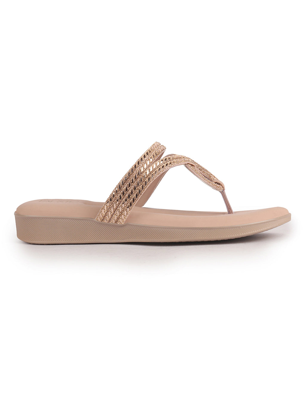 Women Pink T-Strap Slip On Ethnic Sandals with Rhinestone Strap|Wedge Ortho Slip-On Slippers|Perfect for Wedding, Festive Outfits
