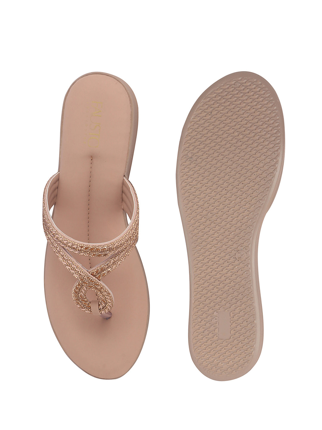 Women Pink T-Strap Slip On Ethnic Sandals with Rhinestone Strap|Wedge Ortho Slip-On Slippers|Perfect for Wedding, Festive Outfits