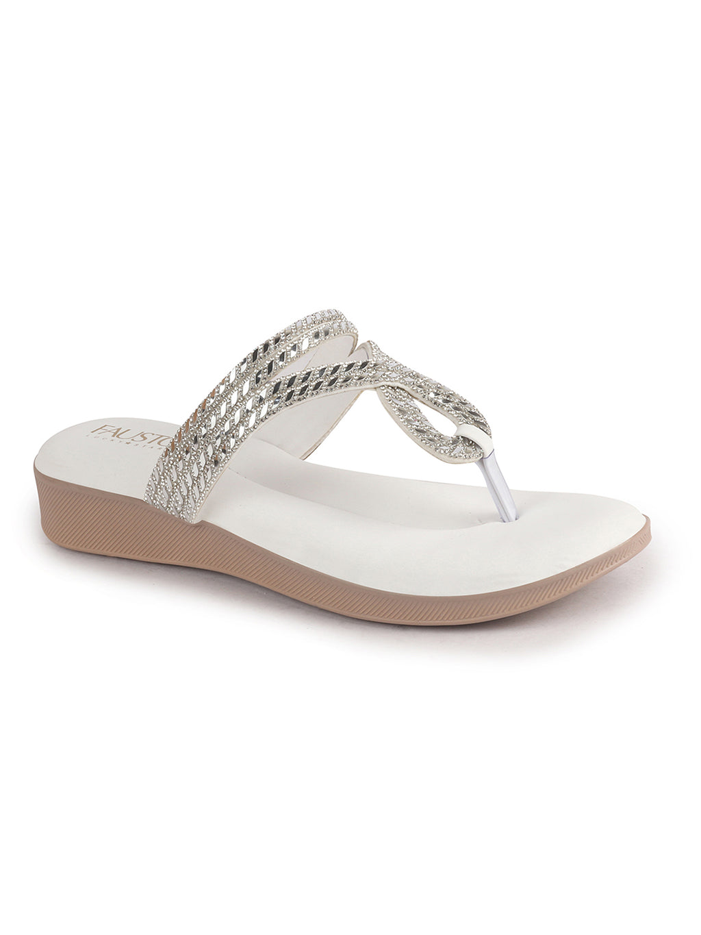 Women White T-Strap Slip On Ethnic Sandals with Rhinestone Strap|Wedge Ortho Slip-On Slippers|Perfect for Wedding, Festive Outfits
