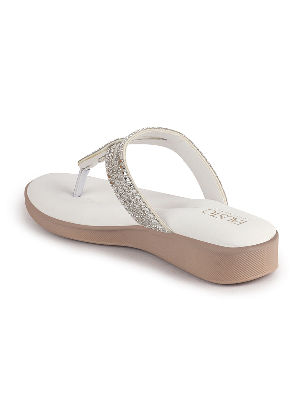Women White T-Strap Slip On Ethnic Sandals with Rhinestone Strap|Wedge Ortho Slip-On Slippers|Perfect for Wedding, Festive Outfits