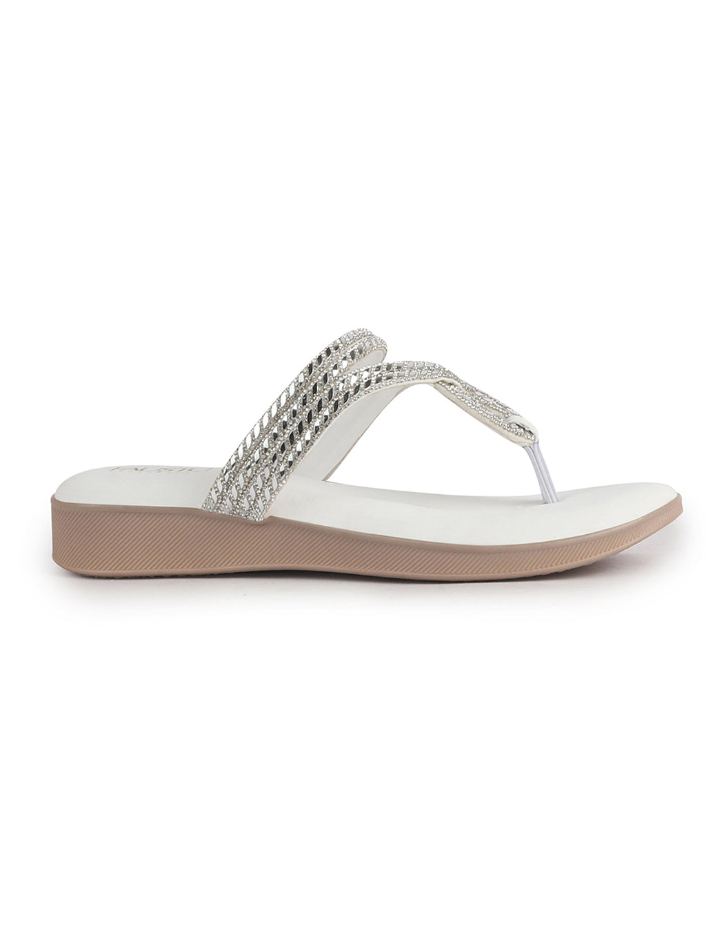 Women White T-Strap Slip On Ethnic Sandals with Rhinestone Strap|Wedge Ortho Slip-On Slippers|Perfect for Wedding, Festive Outfits