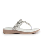 Women White T-Strap Slip On Ethnic Sandals with Rhinestone Strap|Wedge Ortho Slip-On Slippers|Perfect for Wedding, Festive Outfits