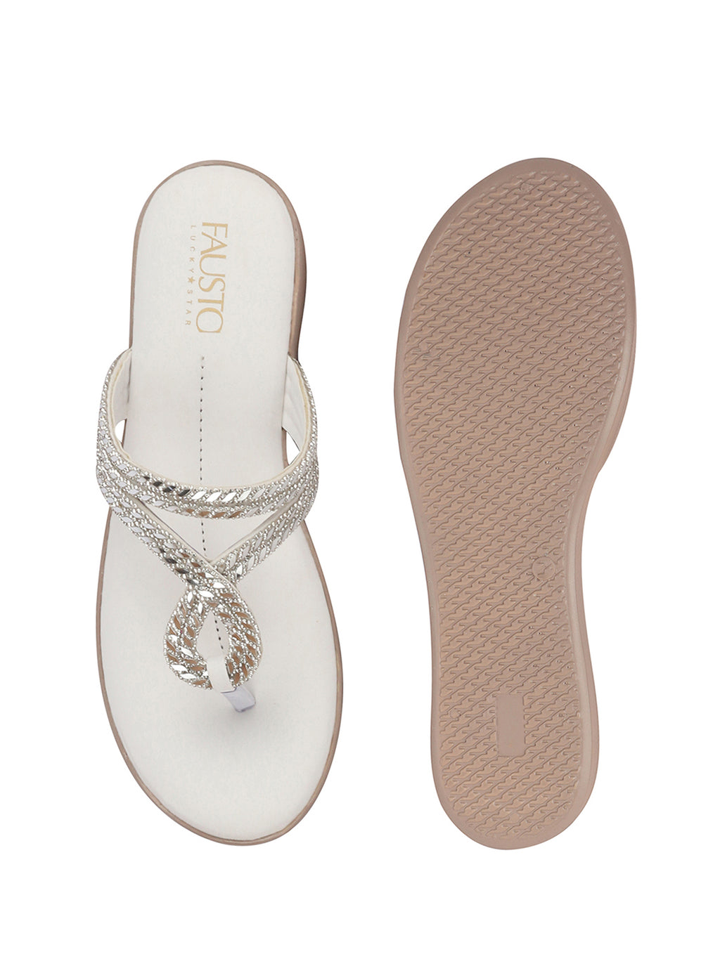Women White T-Strap Slip On Ethnic Sandals with Rhinestone Strap|Wedge Ortho Slip-On Slippers|Perfect for Wedding, Festive Outfits