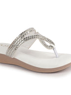 Women White T-Strap Slip On Ethnic Sandals with Rhinestone Strap|Wedge Ortho Slip-On Slippers|Perfect for Wedding, Festive Outfits