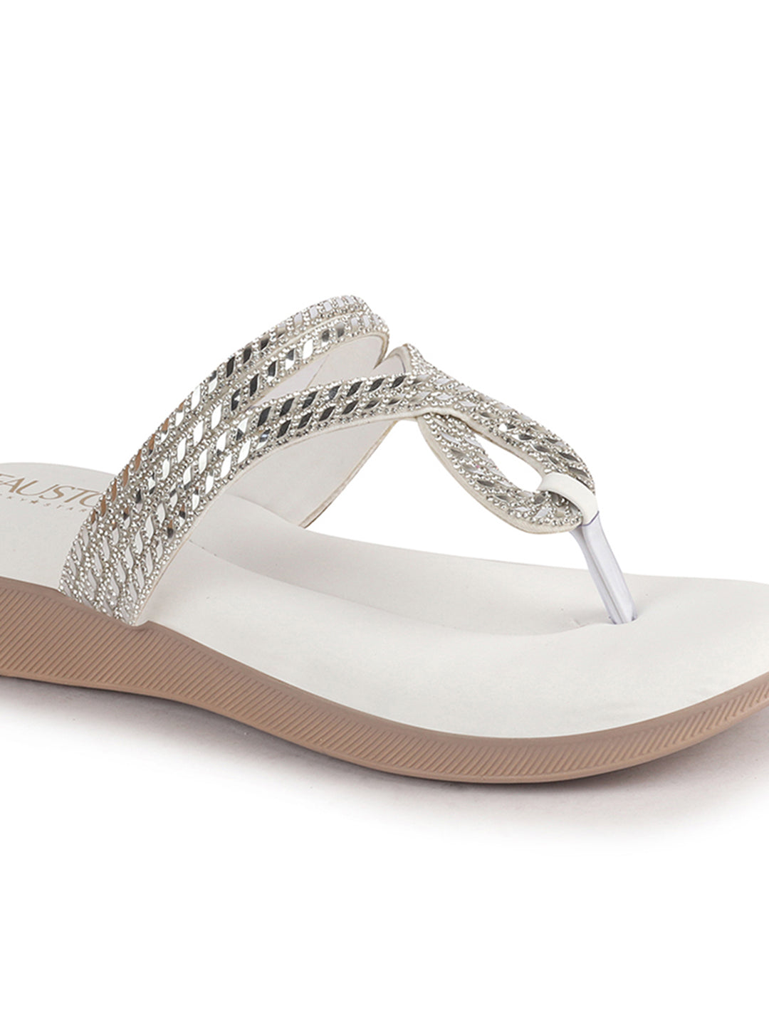 Women White T-Strap Slip On Ethnic Sandals with Rhinestone Strap|Wedge Ortho Slip-On Slippers|Perfect for Wedding, Festive Outfits