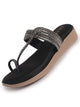 Women Black Toe Ring Ethnic Slip On Slippers with Rhinestone Strap|Wedge Ortho Comfort Sandals for Wedding, Party, Festives, Traditional Indian Outfits