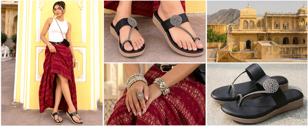 Women Grey Toe Ring Ethnic Slip On Slippers with Rhinestone Floral Strap|Memory Cushioned Insole Wedge Ortho Sandals for Wedding, Traditional Festive Outfits