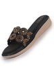 Women Black Embellished Rhinestone Comfort Open Toe Studded Strap Slippers|Wedge Ortho Comfort Slip Ons for Wedding, Party, Festives, Traditional Indian Outfits