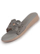 Women Grey Embellished Rhinestone Comfort Open Toe Studded Strap Slippers|Wedge Ortho Comfort Slip Ons for Wedding, Party, Festives, Traditional Indian Outfits