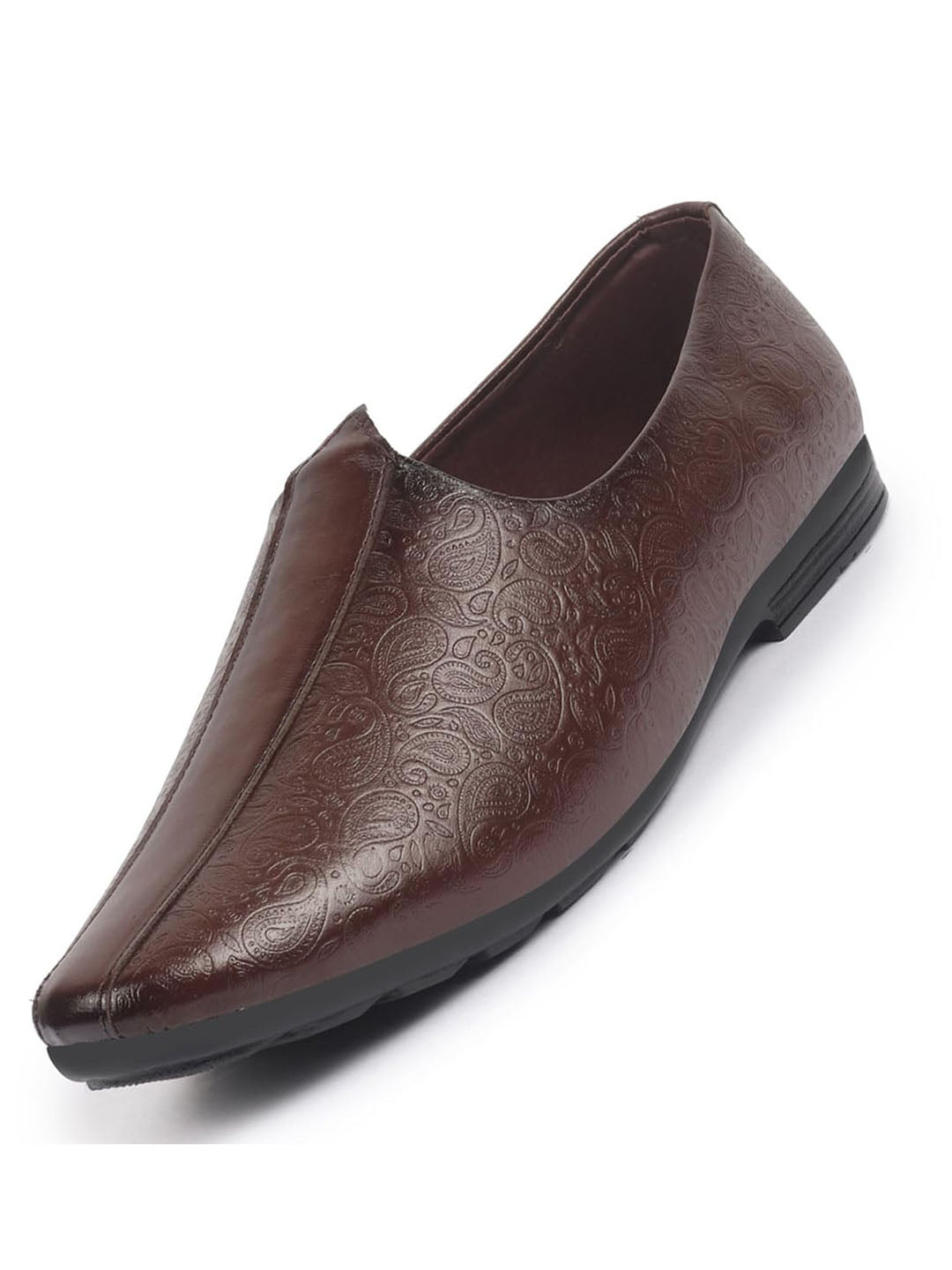 Shop Basics Men Brown Textured Floral Prints Slip On Ethnic Juttis and Mojaris Online.