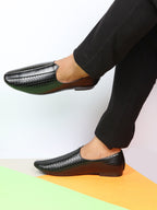 Shop Basics Men Black Embossed Design Ethnic Slip On Juttis and Mojaris Online.