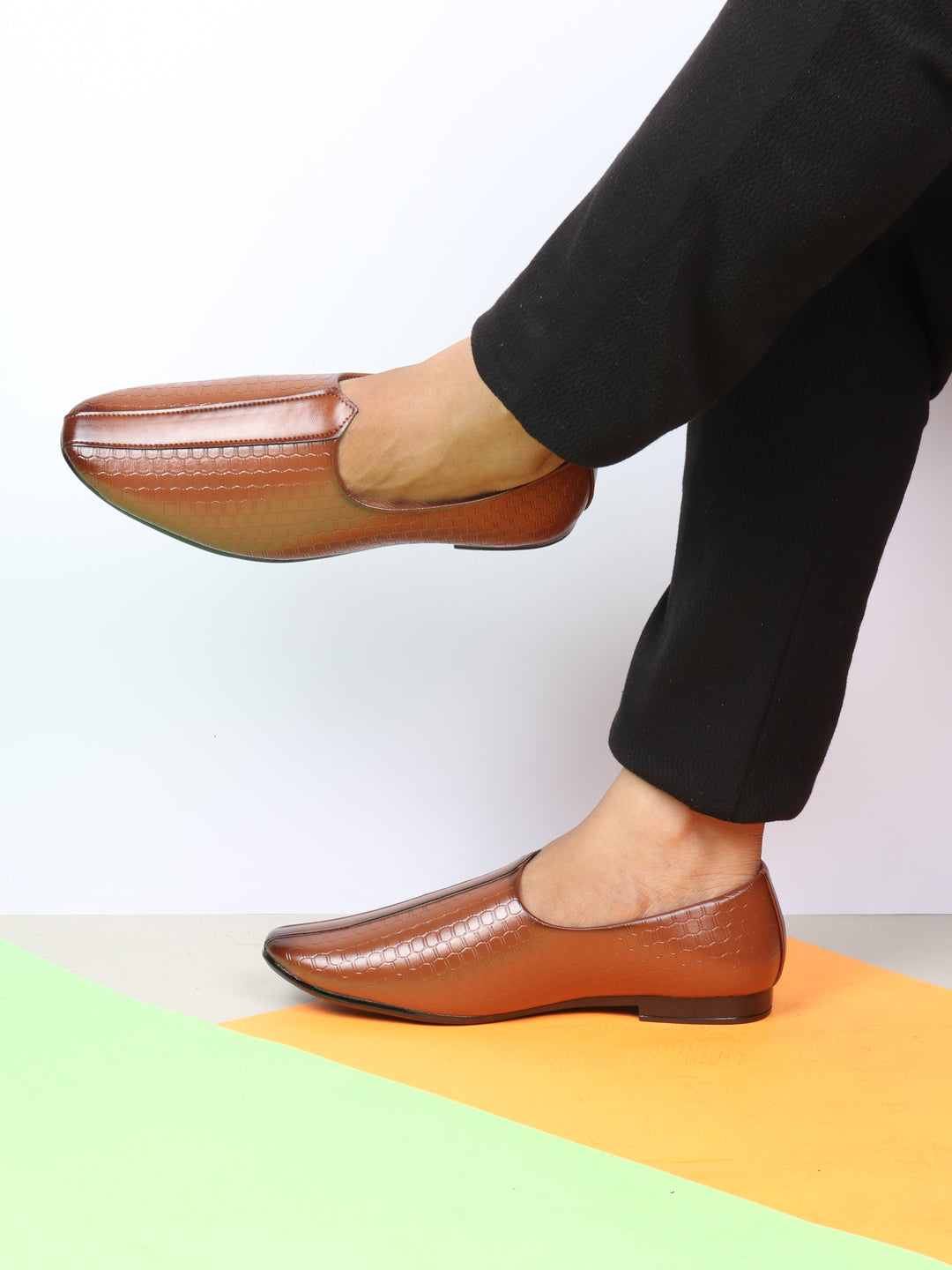 Shop Basics Men Tan Embossed Design Ethnic Slip On Juttis and Mojaris Online.