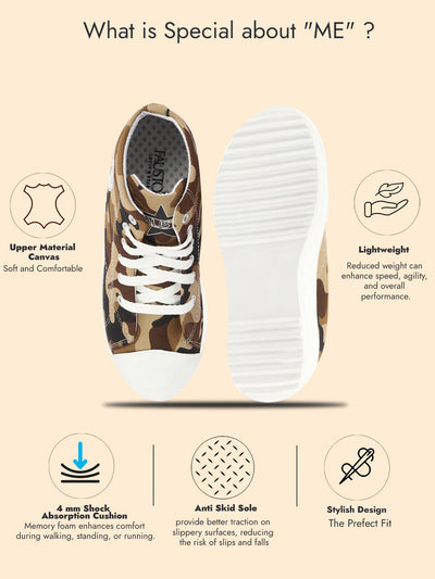 Women Beige High Ankle Top Wedge Heels Camouflage Print Canvas Lace Up Sneakers Shoes