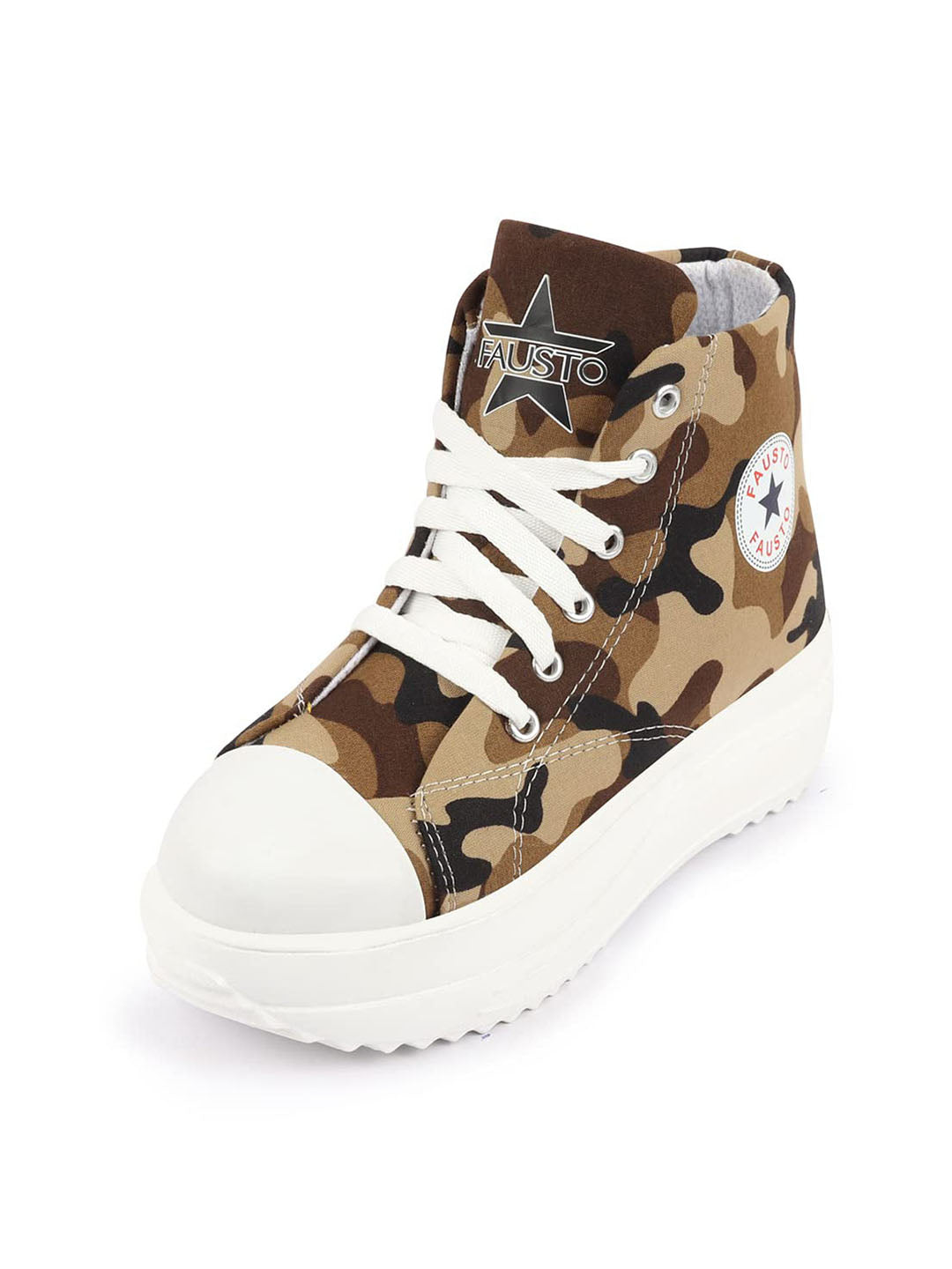 Shop Women Beige High Ankle Top Wedge Heels Camouflage Print Canvas Lace Up Sneakers Shoes Online.
