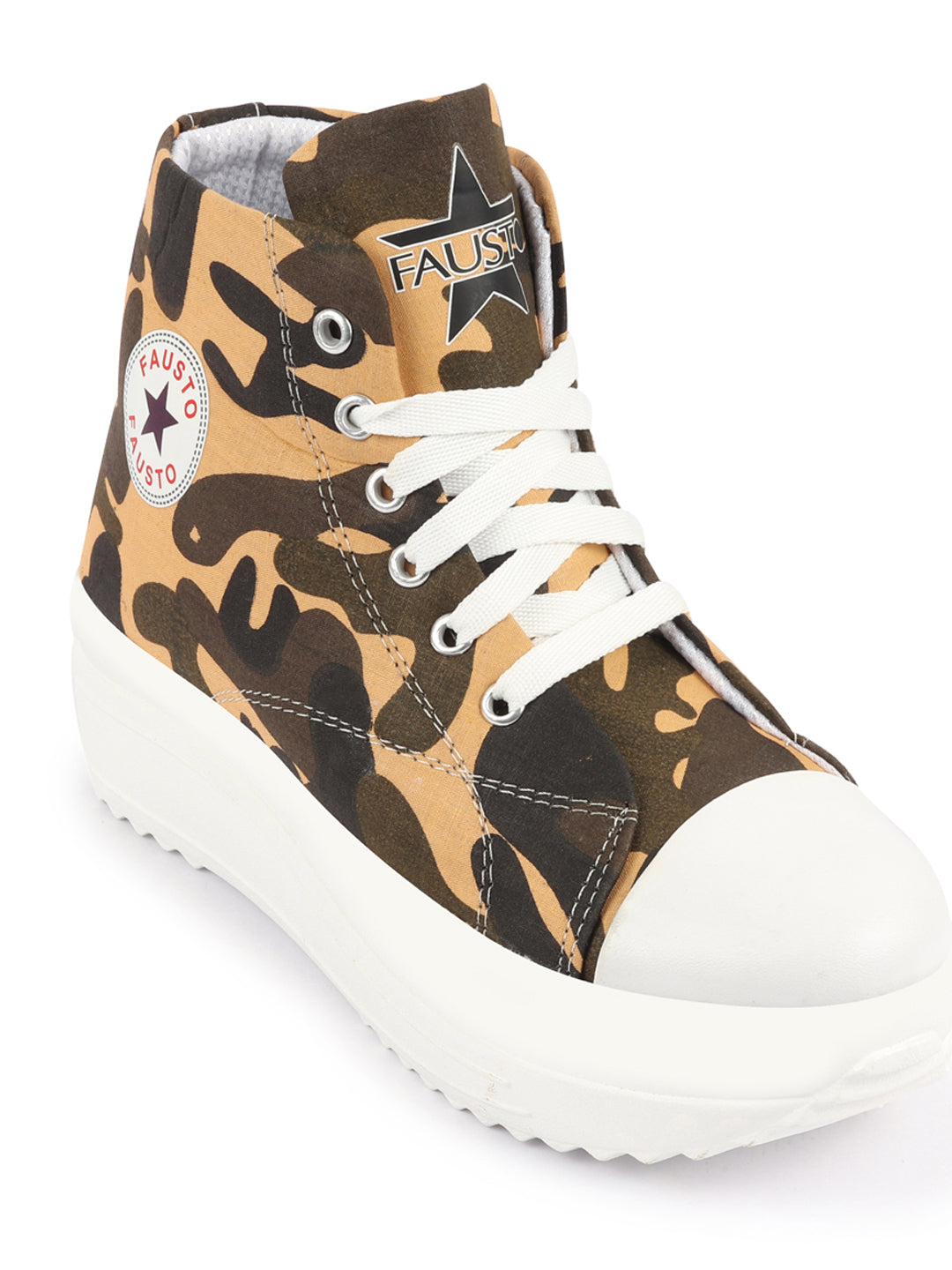 Shop Women Tan High Ankle Top Wedge Heels Camouflage Print Canvas Lace Up Sneakers Shoes Online.