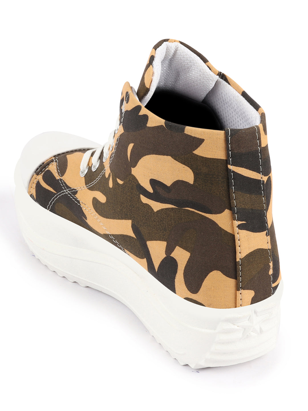 Shop Women Tan High Ankle Top Wedge Heels Camouflage Print Canvas Lace Up Sneakers Shoes Online.