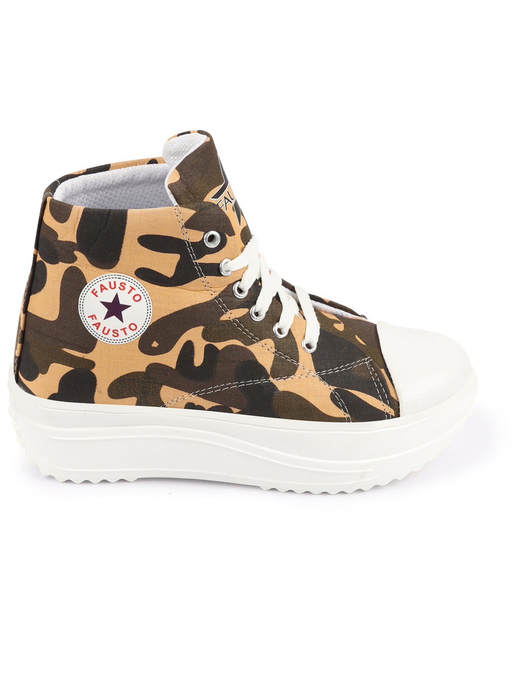 Shop Women Tan High Ankle Top Wedge Heels Camouflage Print Canvas Lace Up Sneakers Shoes Online.
