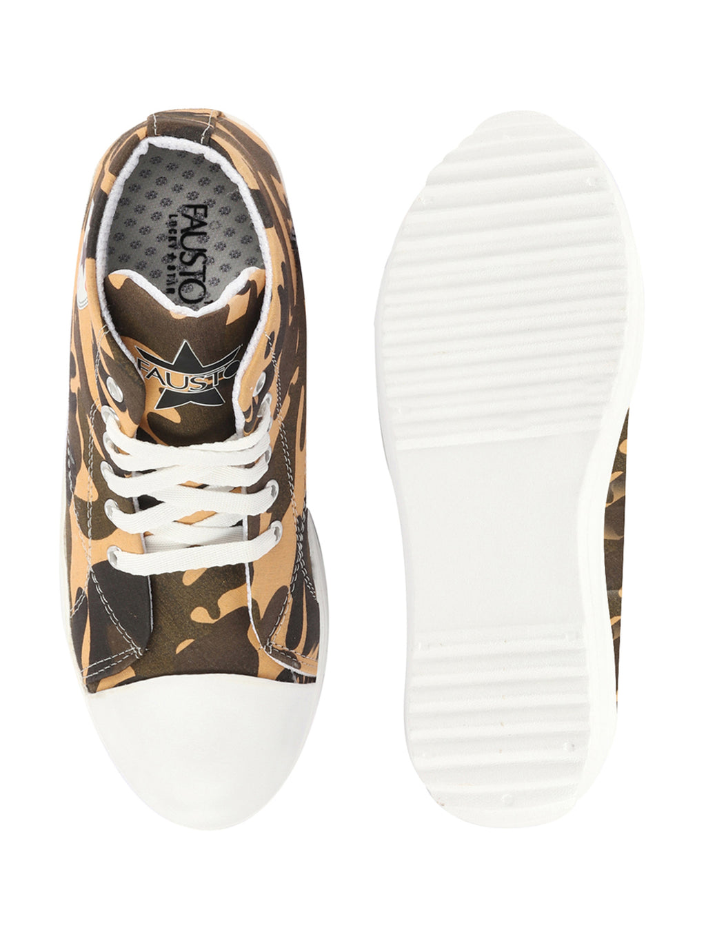 Shop Women Tan High Ankle Top Wedge Heels Camouflage Print Canvas Lace Up Sneakers Shoes Online.