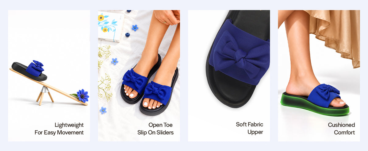 Women Blue Fabric Bow Design Open Toe Flatform Sliders | Lightweight Cushioned Insole Casual Slippers for All Day Long Comfort | Travel, Outdoor, Walking