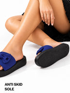 Women Blue Fabric Bow Design Open Toe Flatform Sliders | Lightweight Cushioned Insole Casual Slippers for All Day Long Comfort | Travel, Outdoor, Walking