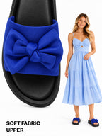 Women Blue Fabric Bow Design Open Toe Flatform Sliders | Lightweight Cushioned Insole Casual Slippers for All Day Long Comfort | Travel, Outdoor, Walking