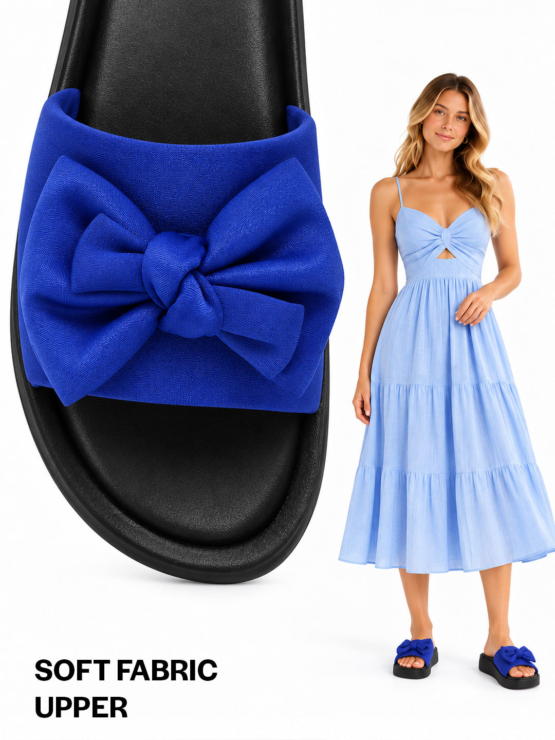 Women Blue Fabric Bow Design Open Toe Flatform Sliders | Lightweight Cushioned Insole Casual Slippers for All Day Long Comfort | Travel, Outdoor, Walking