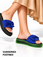 Women Blue Fabric Bow Design Open Toe Flatform Sliders | Lightweight Cushioned Insole Casual Slippers for All Day Long Comfort | Travel, Outdoor, Walking
