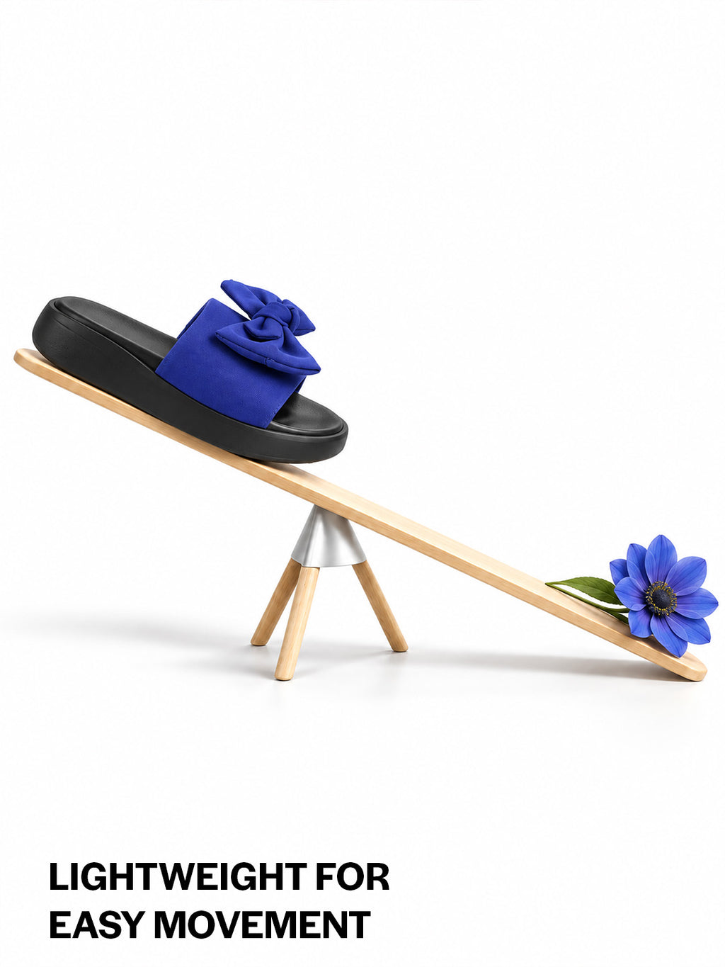 Women Blue Fabric Bow Design Open Toe Flatform Sliders | Lightweight Cushioned Insole Casual Slippers for All Day Long Comfort | Travel, Outdoor, Walking