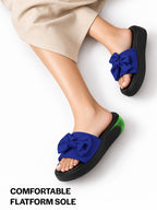 Women Blue Fabric Bow Design Open Toe Flatform Sliders | Lightweight Cushioned Insole Casual Slippers for All Day Long Comfort | Travel, Outdoor, Walking