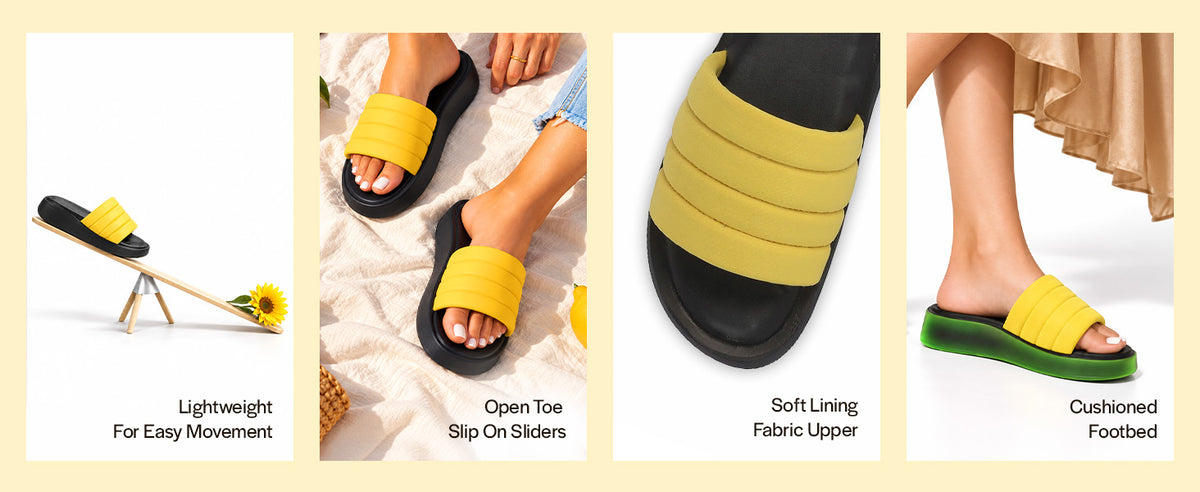 Women Yellow Soft Fabric Upper Open Toe Flatform Sliders | Lightweight Cushioned Insole Casual Slippers for All Day Long Comfort | Travel, Outdoor, Walking